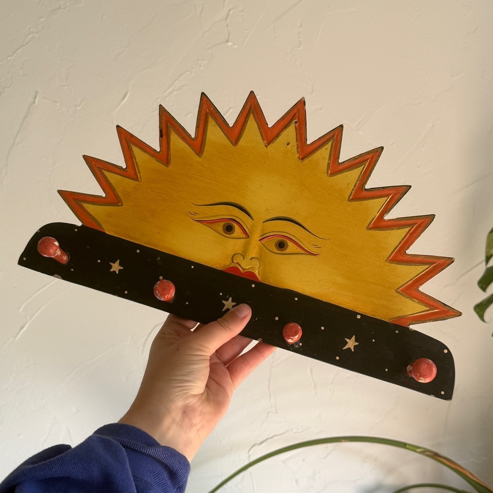 Vintage wooden Sunburst Wall Hooks - handpainted celestial